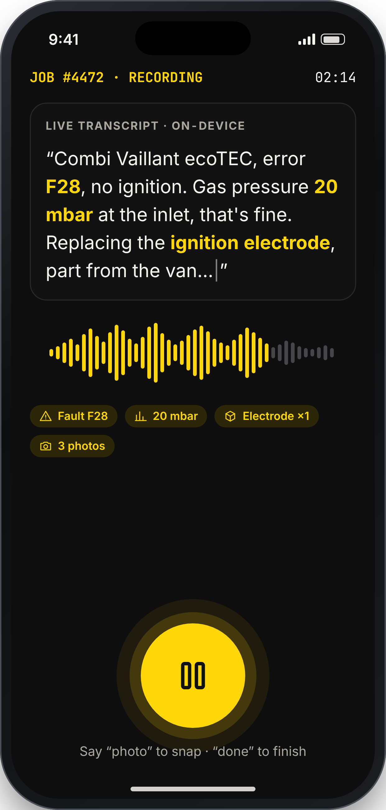 WRENCHNOTE screen: Hands-free dictation