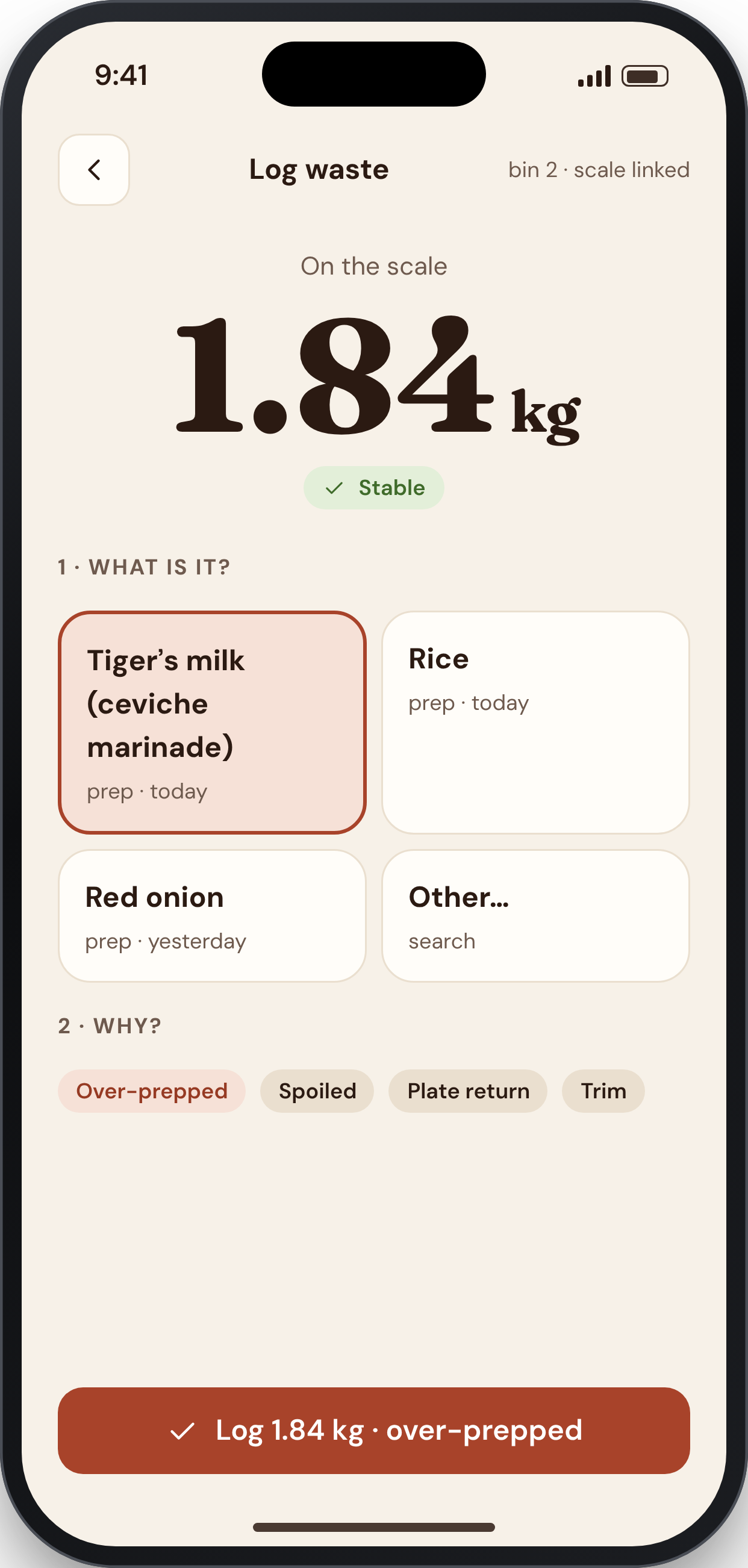 MISE COUNT screen: Two-tap waste log