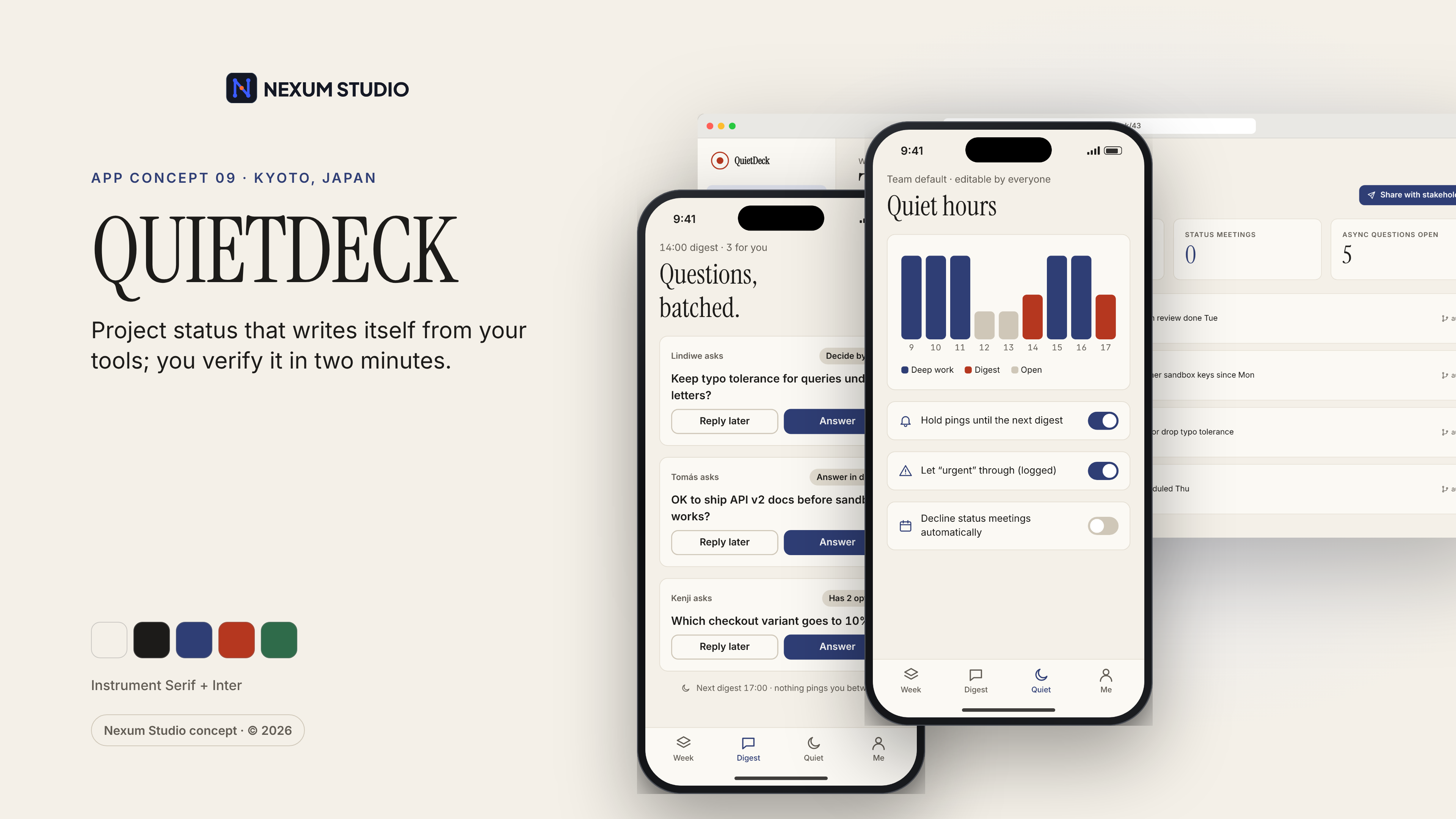 QUIETDECK: key screens in device frames