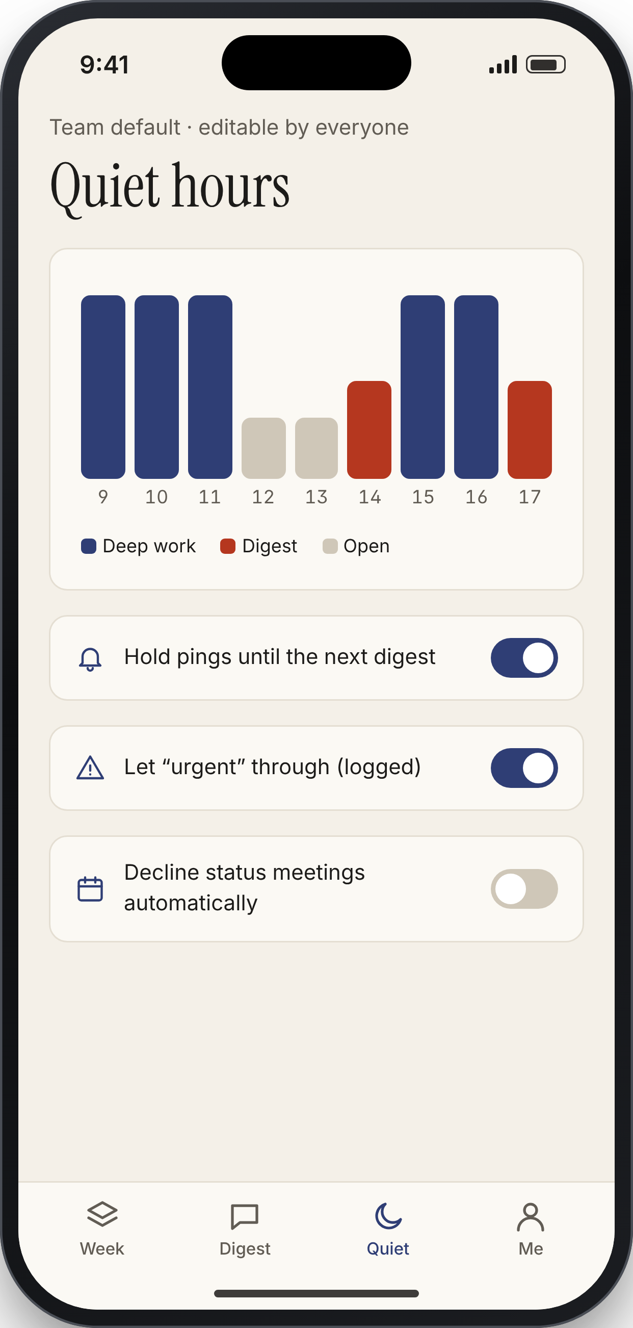 QUIETDECK screen: Quiet hours