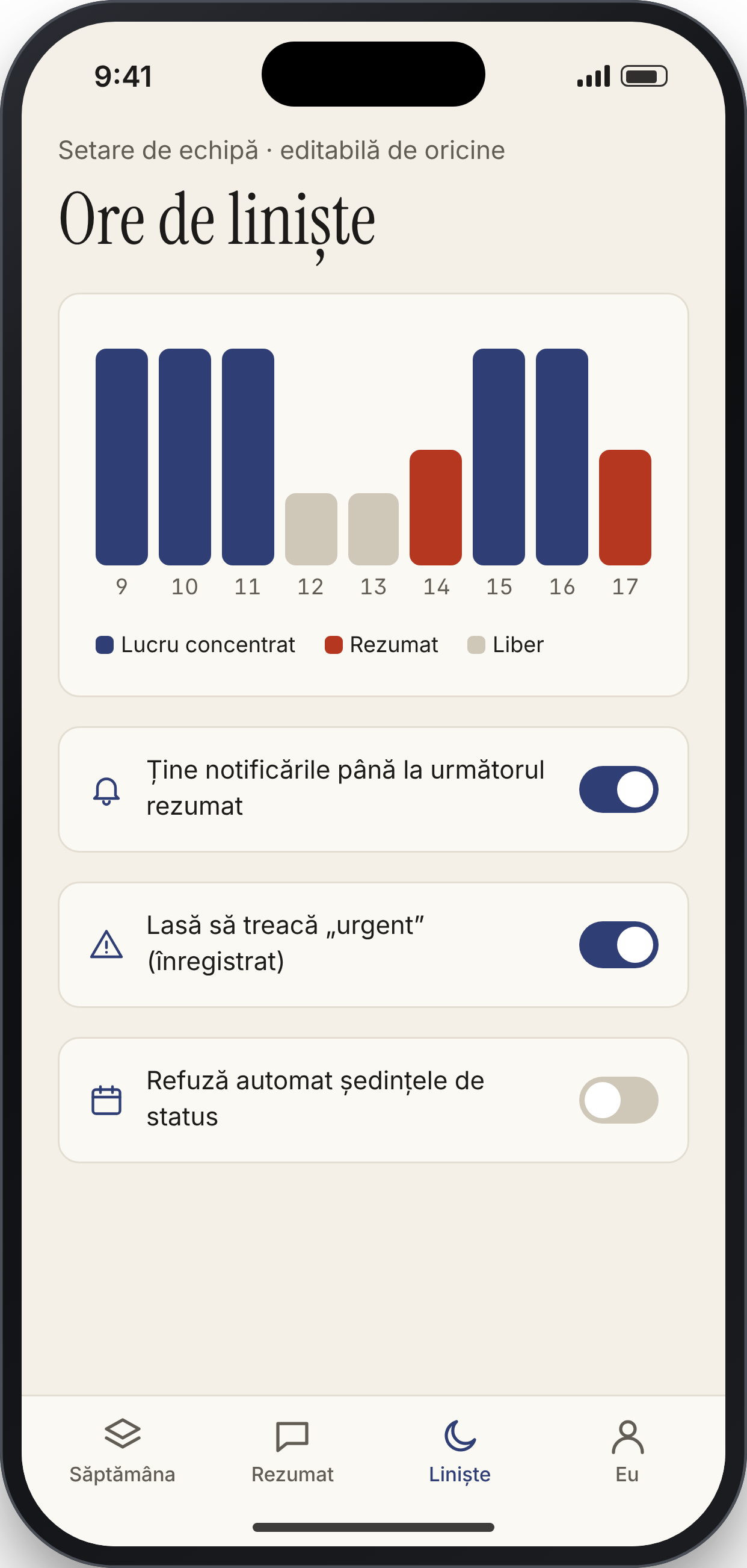 QUIETDECK, ecran: Ore de liniște